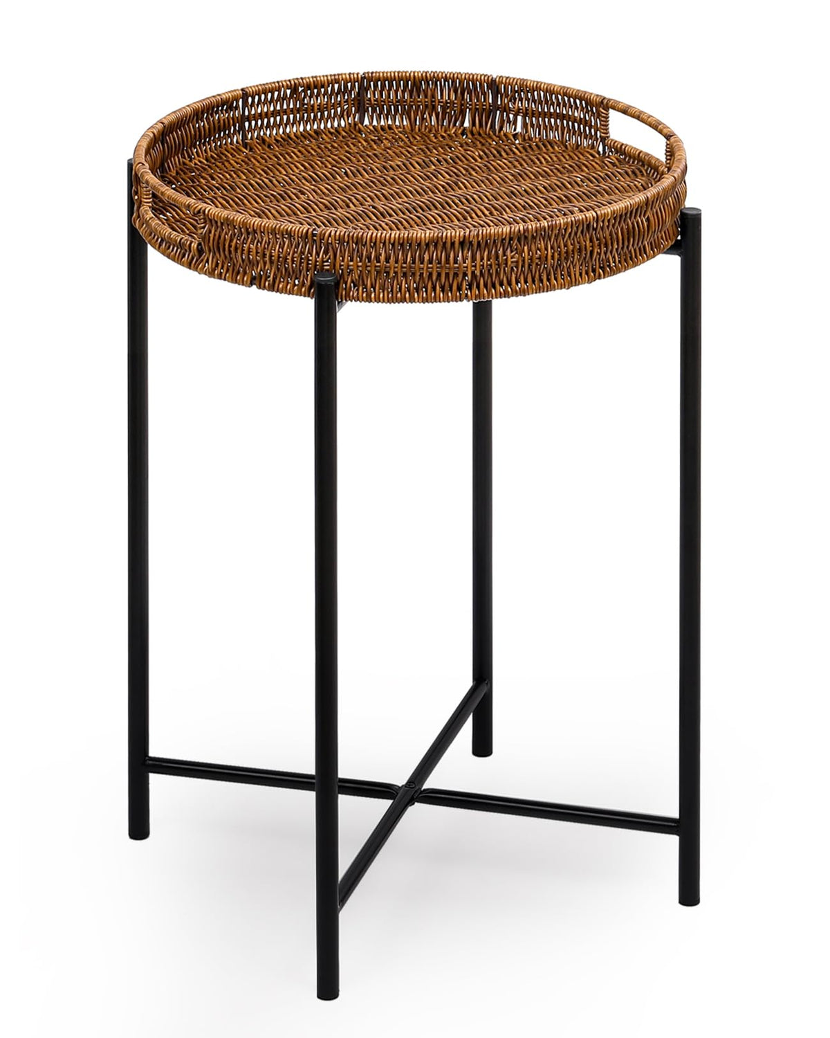DINGTAI small wicker round end table with removable tray for versatile living room use.