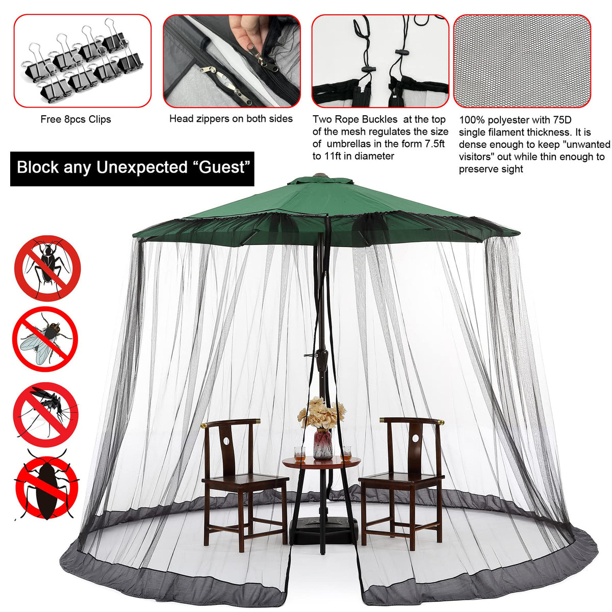 Dense 75D polyester mesh from DINHAND keeps insects out while maintaining visibility.