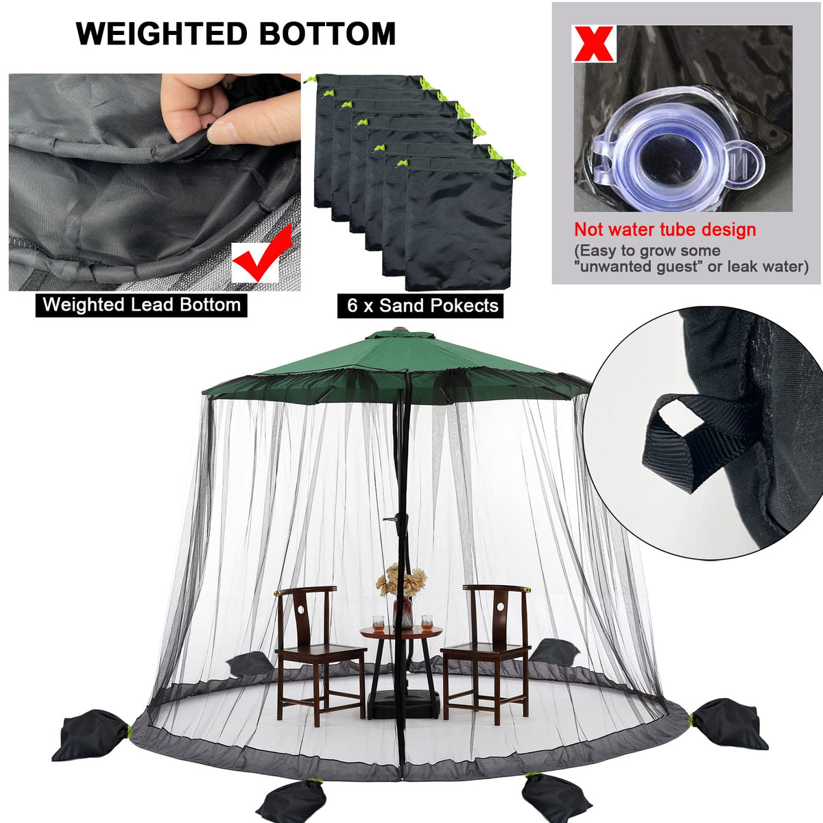 DINHAND mosquito net features six sand pockets to boost stability on breezy patios.