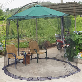 DINHAND patio umbrella mosquito net with weighted bottom stabilizes the screen in wind.