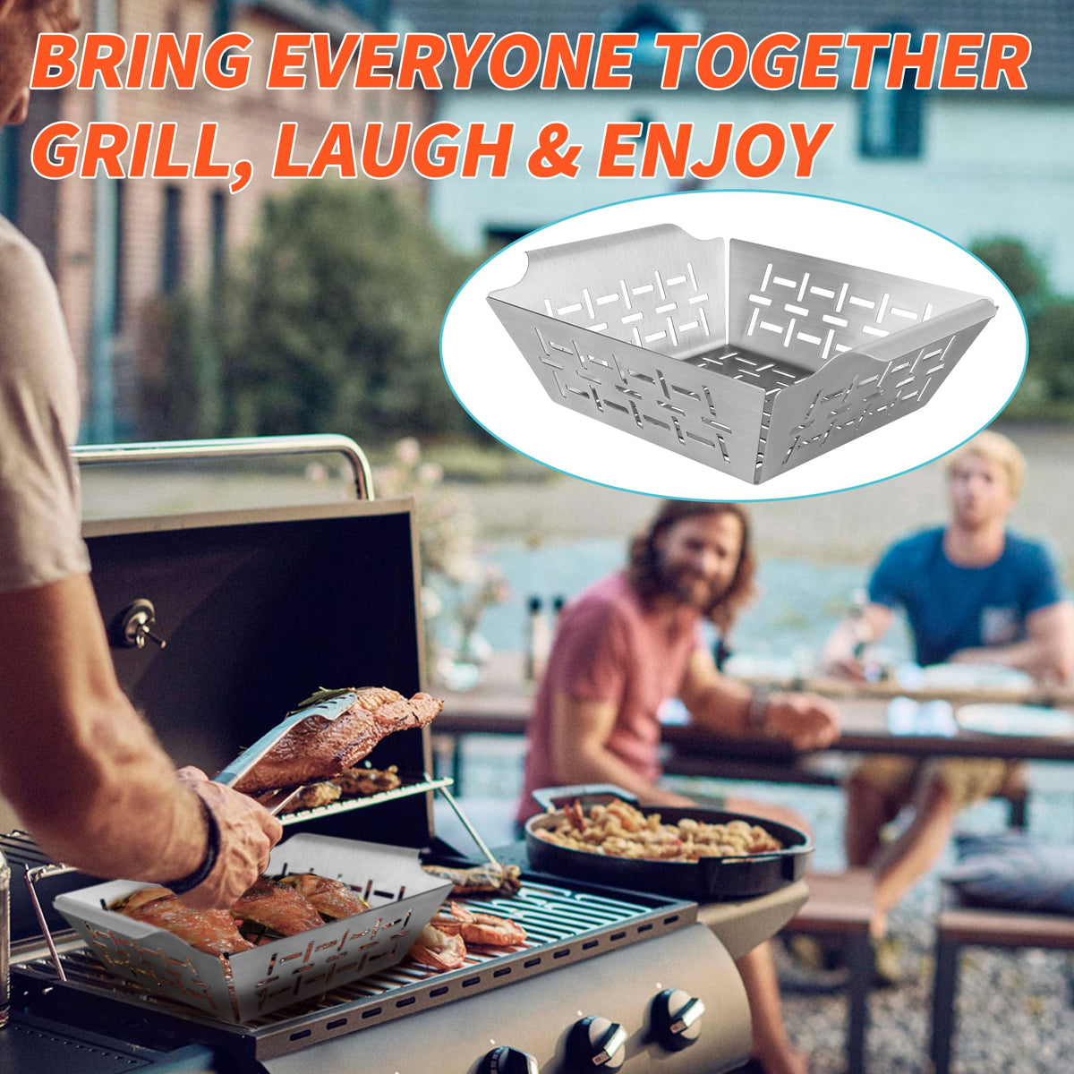 Dinlon grill basket handles seafood and meat with even heat circulation.