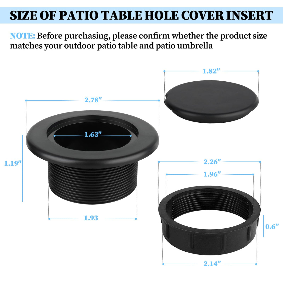 Dinlon umbrella hole ring cap fitted into a table hole for a clean look.