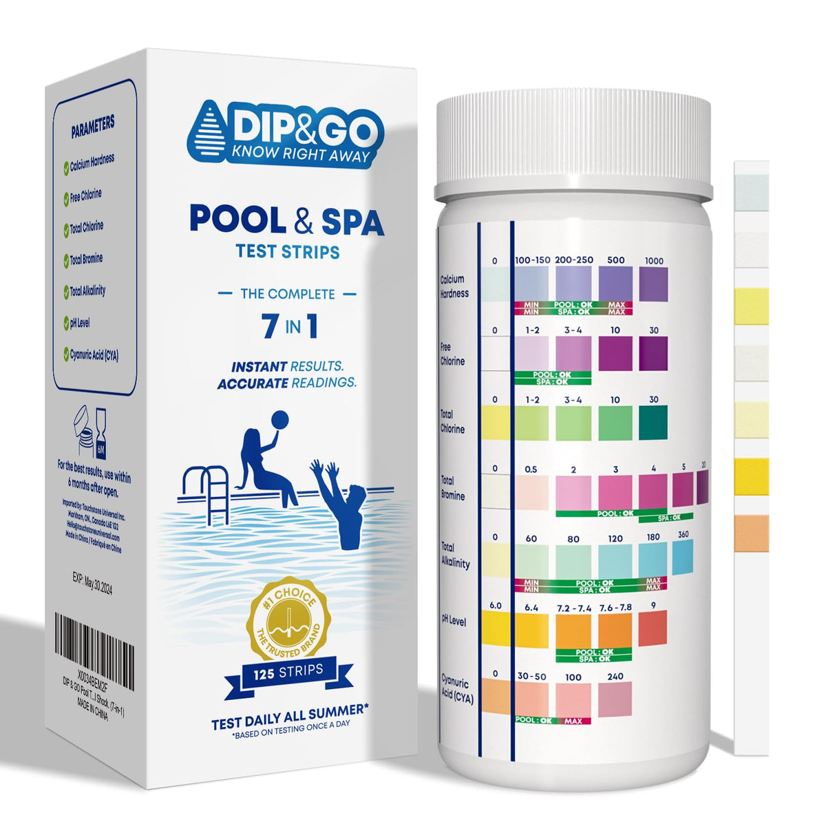 DIP&GO 7-in-1 test strips bottle shows quick pool readings