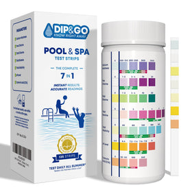 DIP&GO 7-in-1 test strips bottle shows quick pool readings