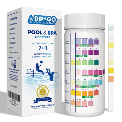 DIP&GO 7-in-1 test strips bottle shows quick pool readings