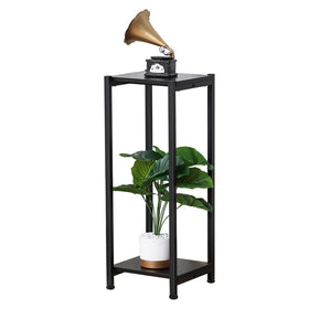 Dipion tall plant stand front view showing two-tier design and dark wood shelves