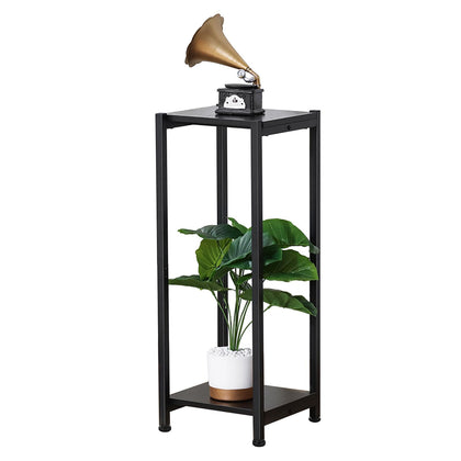 Dipion tall plant stand front view showing two-tier design and dark wood shelves