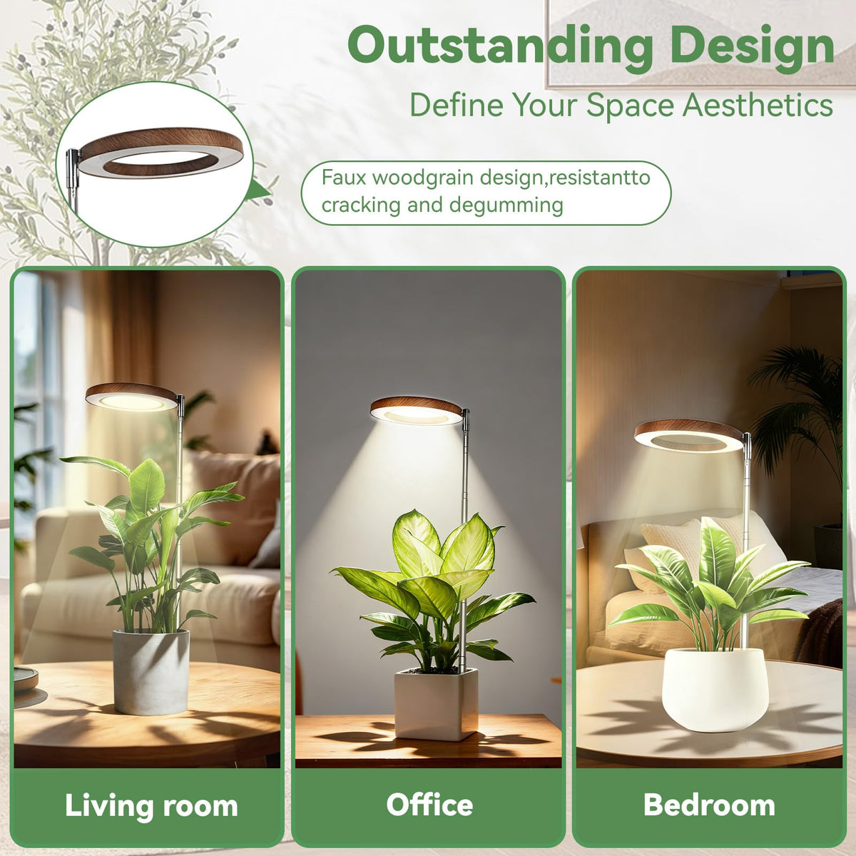 Dirciky wood-grain grow light height-adjustable for different plant sizes.