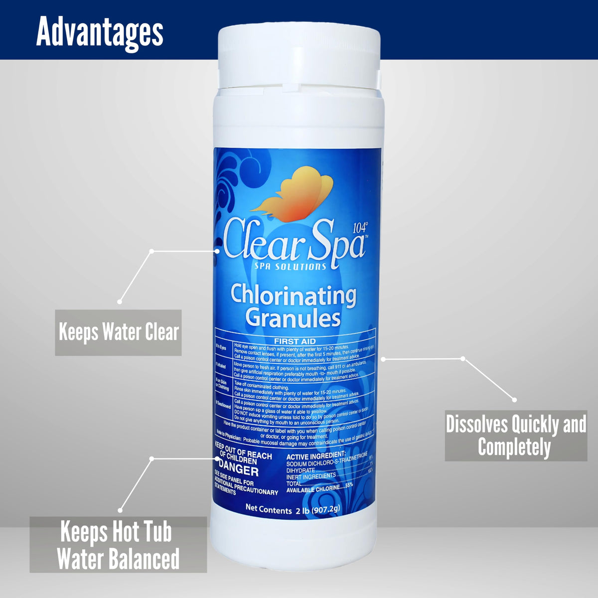 Clear Spa chlorine granules dissolving quickly to sanitize hot tub water