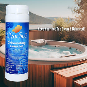 Packaged Clear Spa chlorine granules for convenient spa maintenance