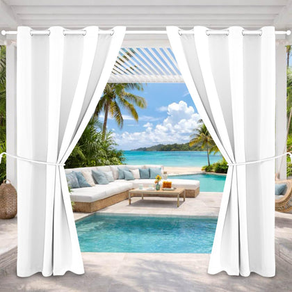 DIVA EN CAMINO DEC pure white outdoor curtain panel enhances patio privacy and light control
