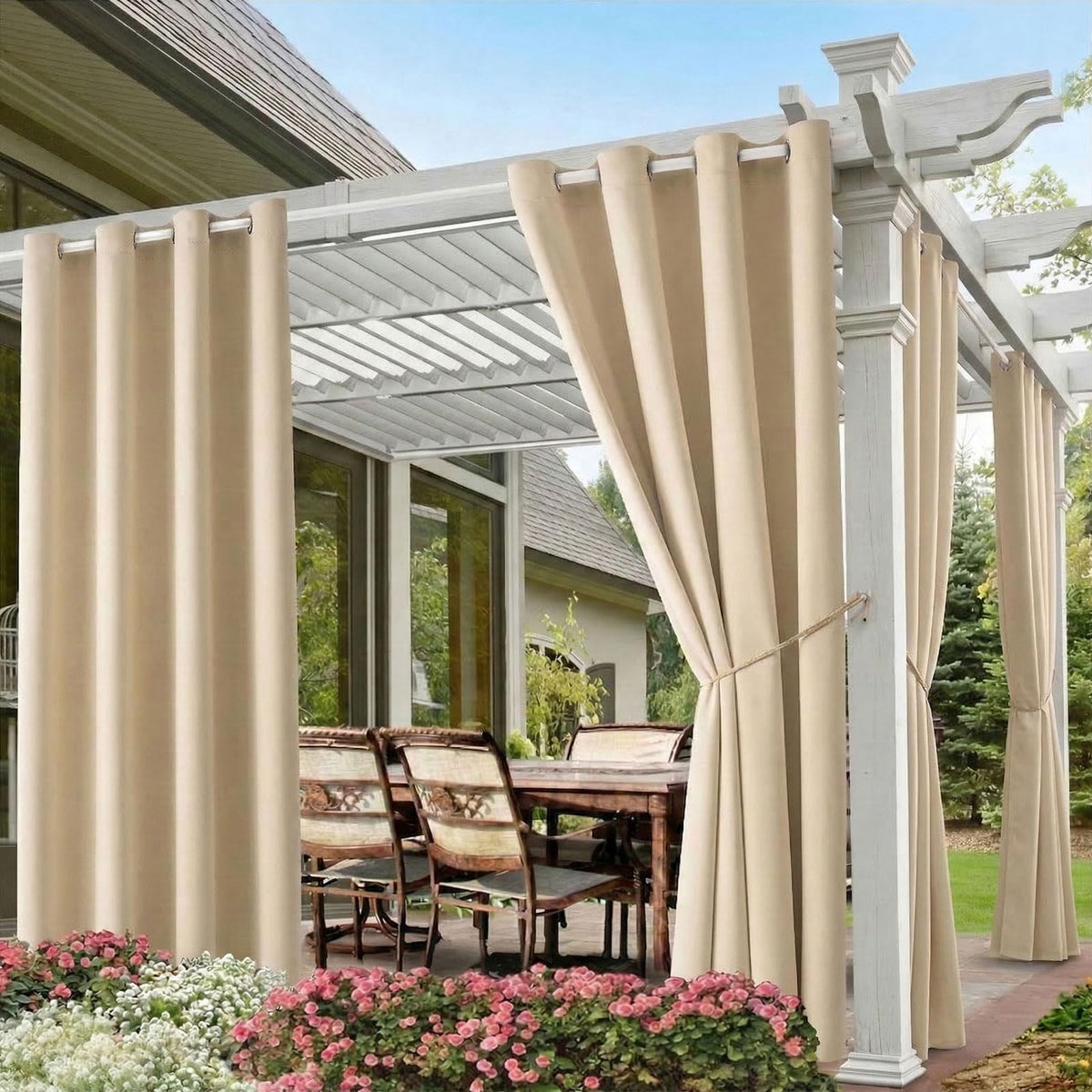 DIVA EN CAMINO DEC outdoor curtains beige front view enhance privacy and shade for patios