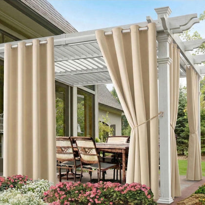 DIVA EN CAMINO DEC outdoor curtains beige front view enhance privacy and shade for patios