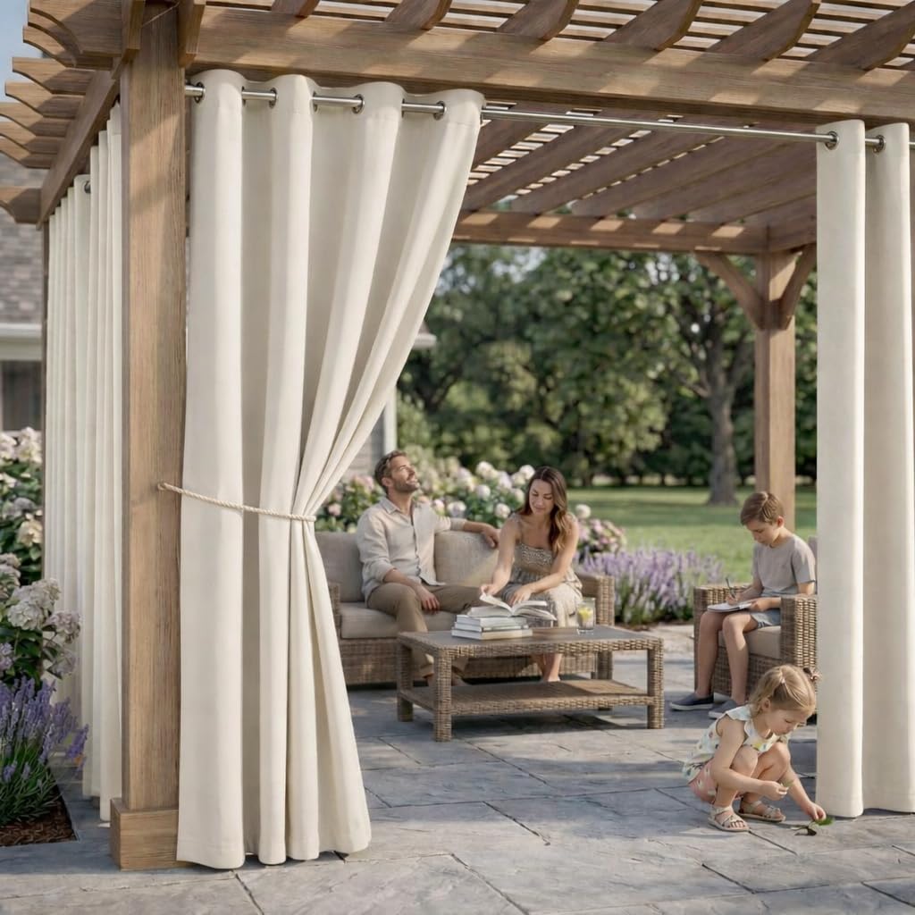 DIVA EN CAMINO DEC cream curtain serving as a privacy divider on a patio.