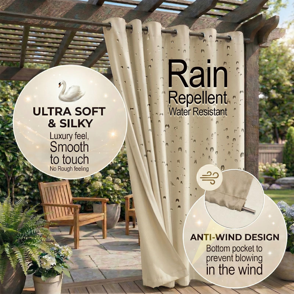 DIVA EN CAMINO DEC waterproof curtain close-up showing waterproof coating for weather resistance.