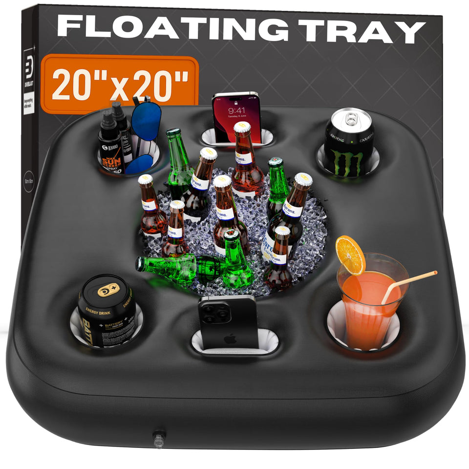DIVEBLAST floating drink holder on a sunny pool keeps beverages within arm reach.