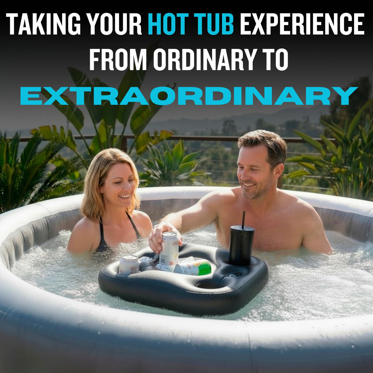 DIVEBLAST floating table in pool designed for casual, hands-free entertaining.
