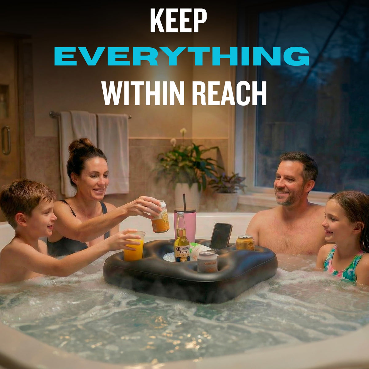 DIVEBLAST hot tub drink holder floats beside you for easy sipping.