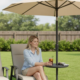 Diyfire umbrella table-side-view highlights slim profile between chairs