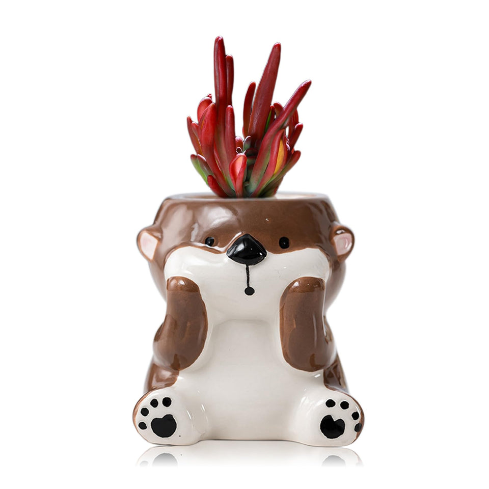 DIYOMR Otter Planter close-up reveals glossy ceramic glaze for cute desk decor.