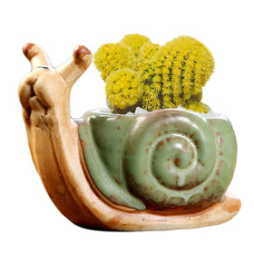 DIYOMR small ceramic planter snail on a sunny windowsill for succulents.