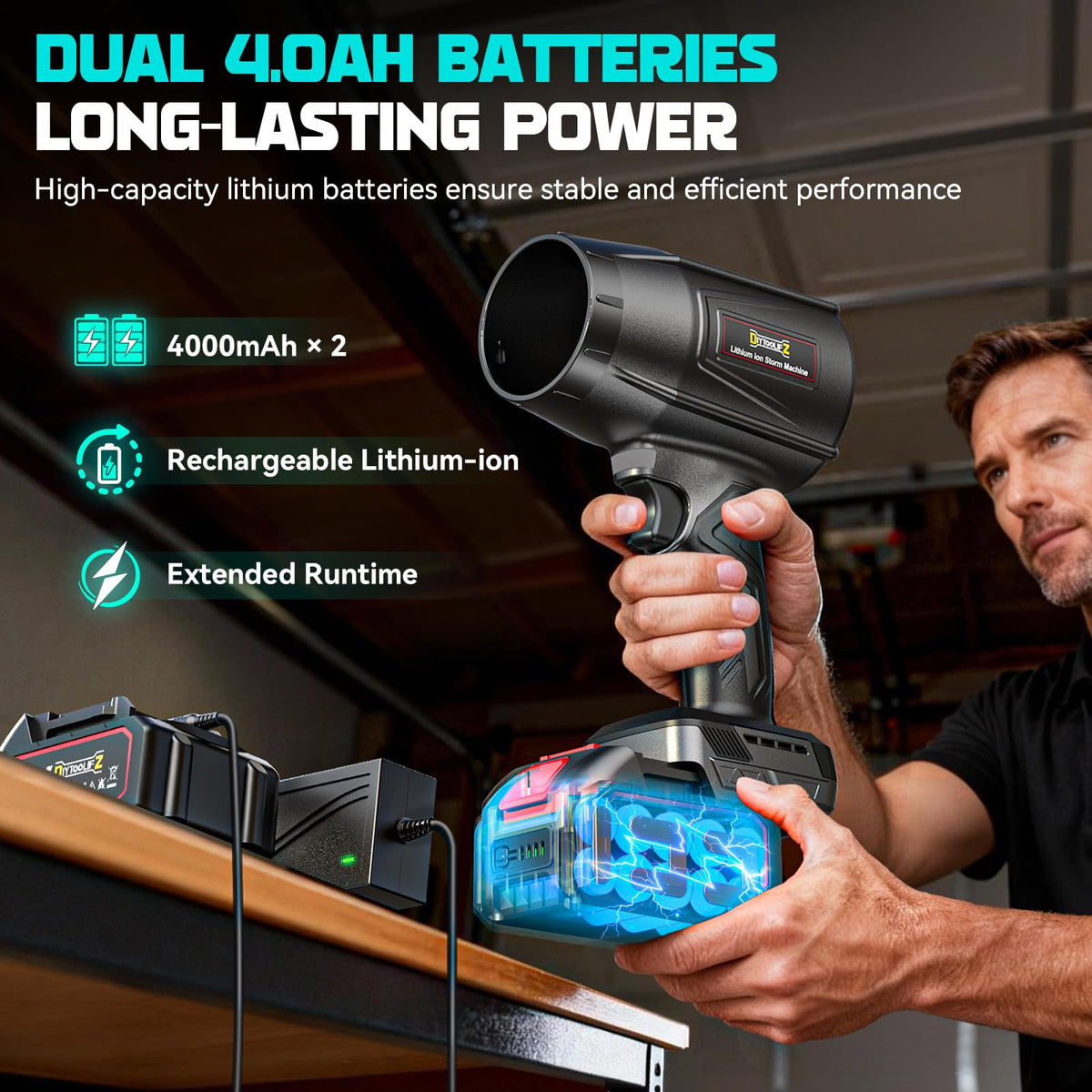 DIYtoolifz cordless leaf blower LED light aids cleaning in dark spaces.