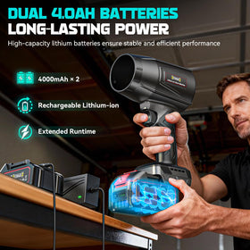 DIYtoolifz cordless leaf blower LED light aids cleaning in dark spaces.