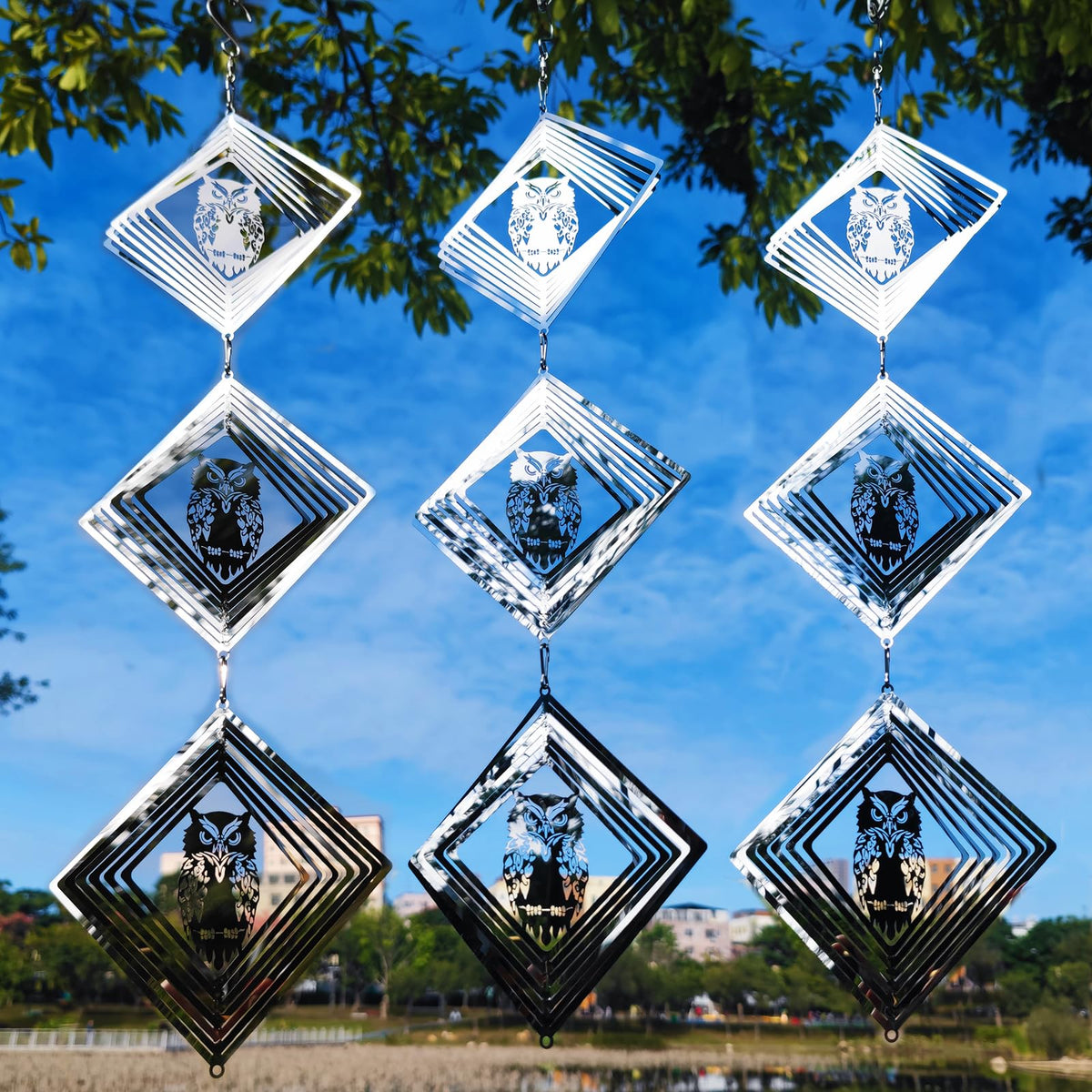 DJUAN weather-resistant stainless steel owl spinners provide year-round garden protection.