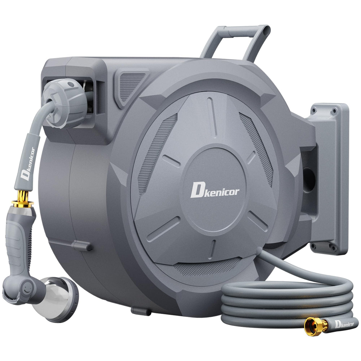 Dkenicor wall-mounted retractable hose reel with 150 ft hose for organized backyard watering