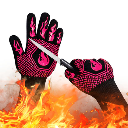 DKHDBD BBQ gloves close-up in rose pink showing non-slip silicone grip.