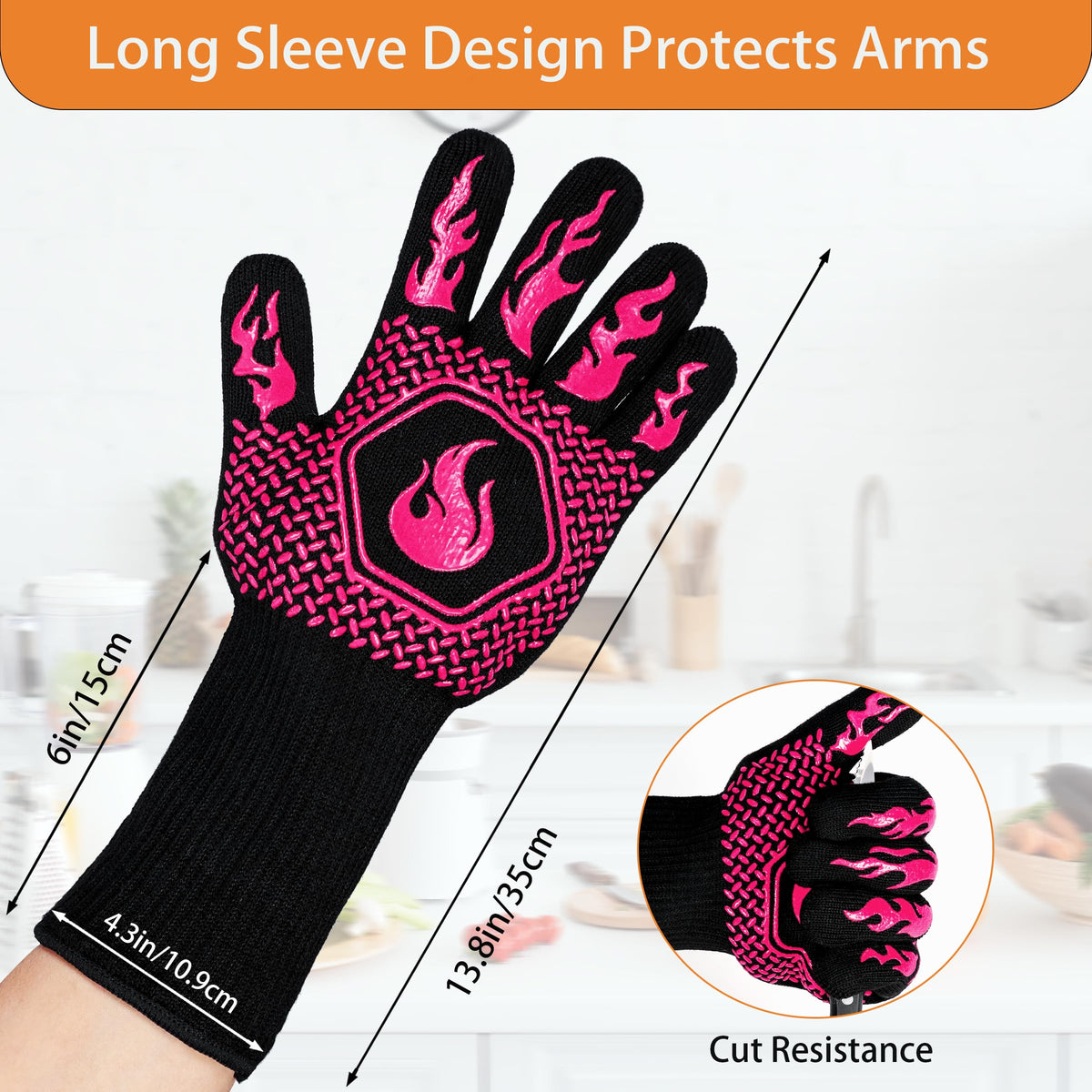 DKHDBD BBQ gloves demonstrate heat resistance with extended wrist protection during grilling.
