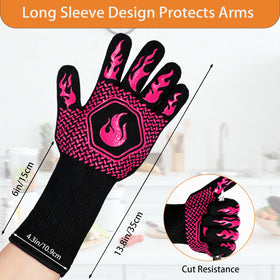 DKHDBD BBQ gloves demonstrate heat resistance with extended wrist protection during grilling.