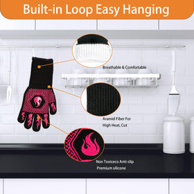 DKHDBD BBQ gloves showcase silicone non-slip grip for secure handling of hot pans.
