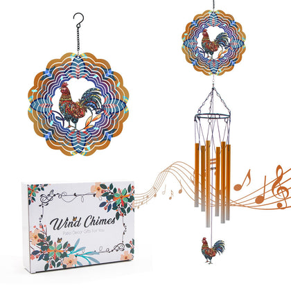 DKJOCKY wind chimes with rooster wind spinner glisten in sun, adding garden charm.