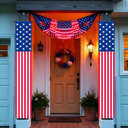 Dkomekii American Flag Porch Banner front door display for holidays.