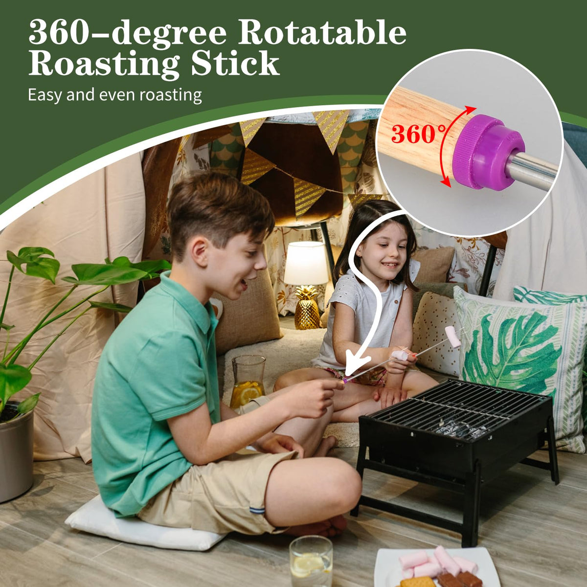 DkOvn blue rotating marshmallow stick ensuring even heat distribution while camping.