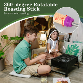 DkOvn blue rotating marshmallow stick ensuring even heat distribution while camping.