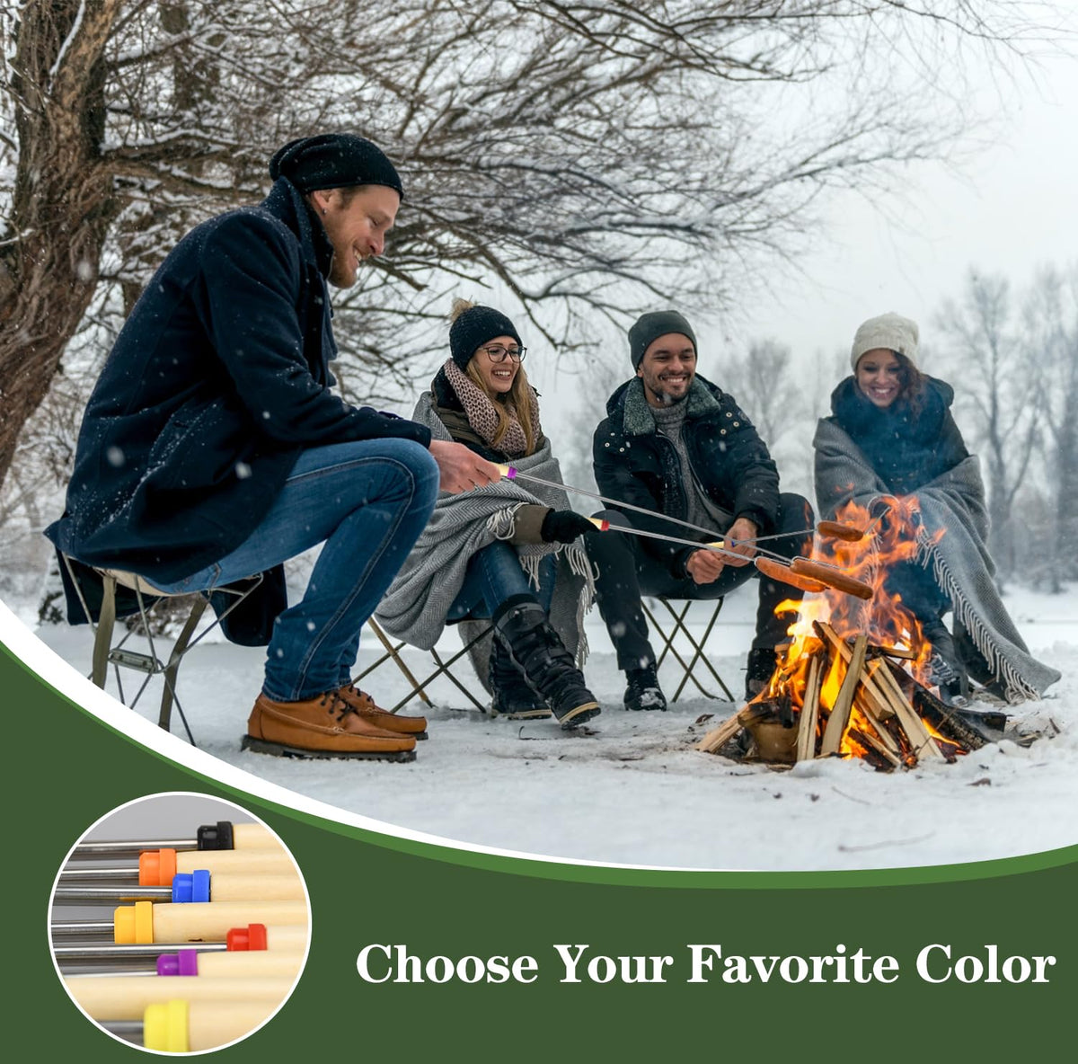 DkOvn yellow rotating roasting stick ready for safe 30-inch reach by the fire.