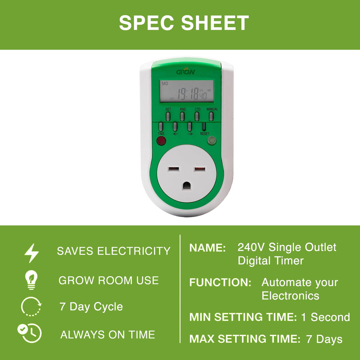 DL Wholesale Grow1 timer front panel with quick setup buttons for easy scheduling.