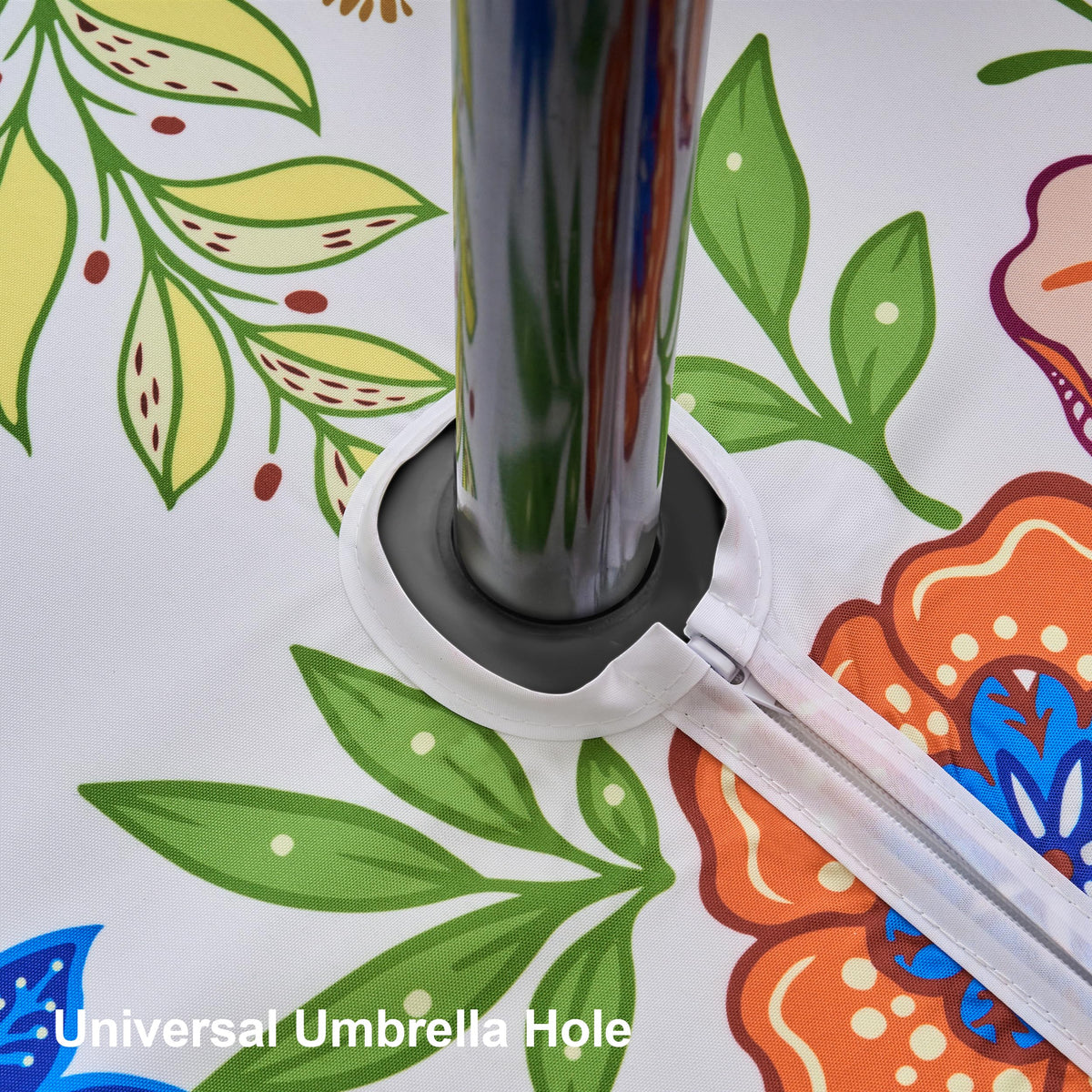 Dllxumm tablecloth zipper close-up around umbrella hole for easy setup.