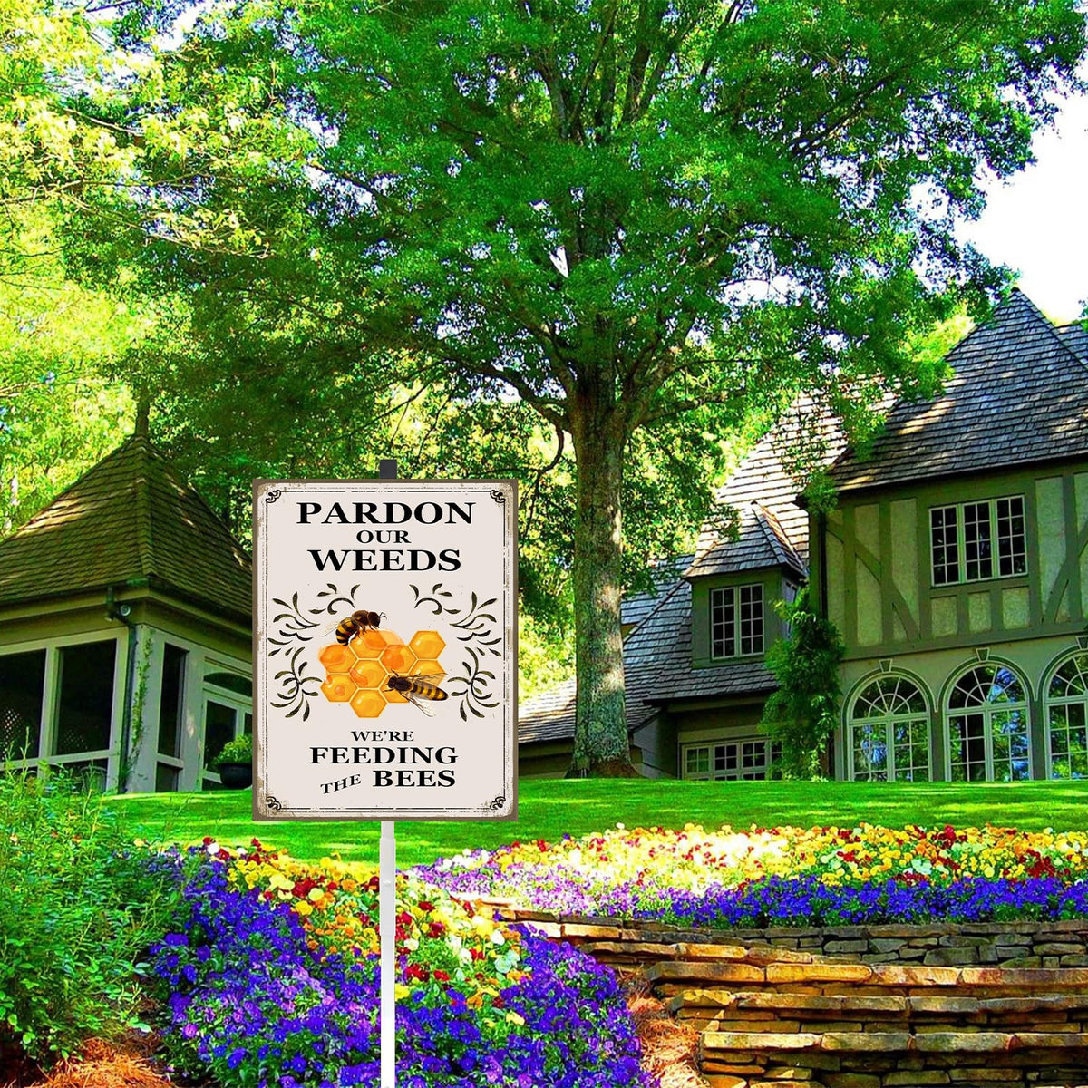 Dlonvoh sign artwork showing bees and butterflies to highlight pollinator habitat