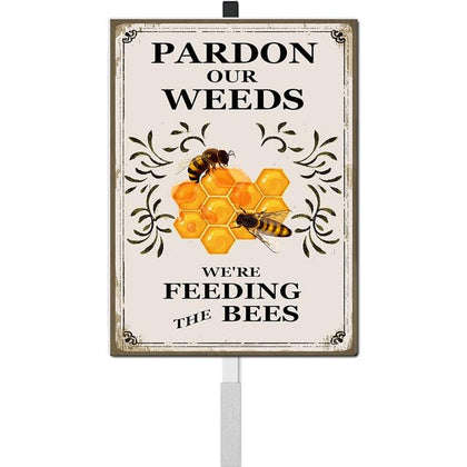 Dlonvoh Pardon Our Weeds Bees Yard Sign with bees illustration promoting pollinator-friendly gardening
