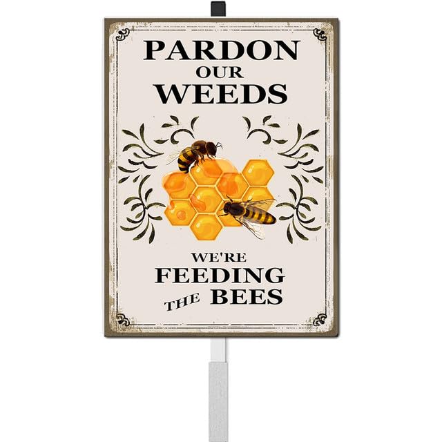 Dlonvoh Pardon Our Weeds Bees Yard Sign with bees illustration promoting pollinator-friendly gardening