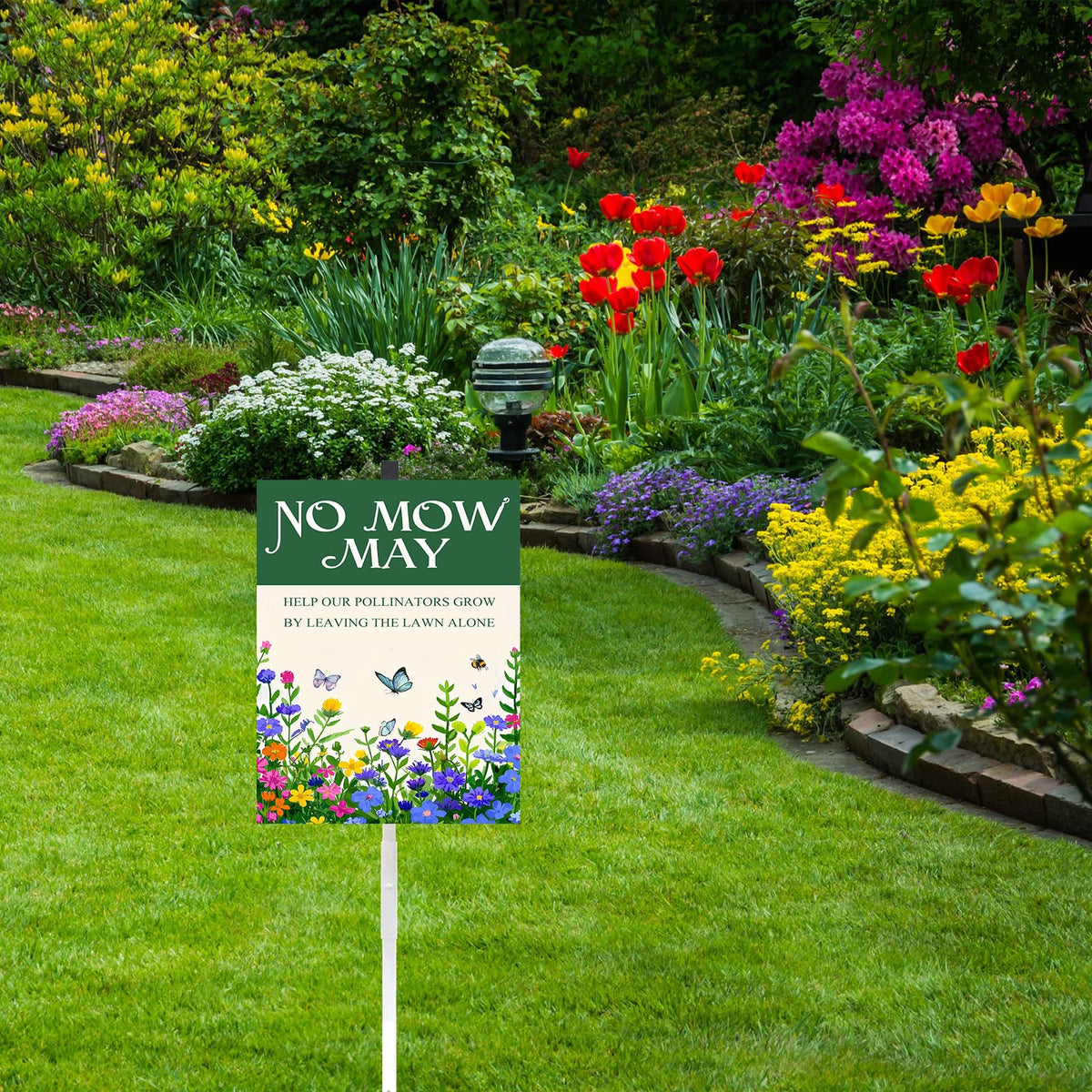 Dlonvoh pollinator garden sign with informative illustrations of bees and butterflies