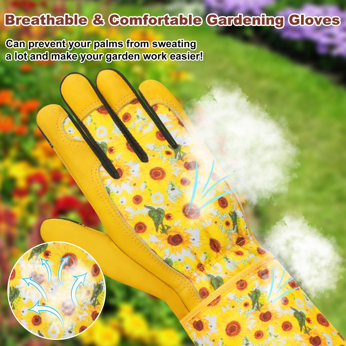 DLY breathable canvas back keeps hands cooler during extended gardening.