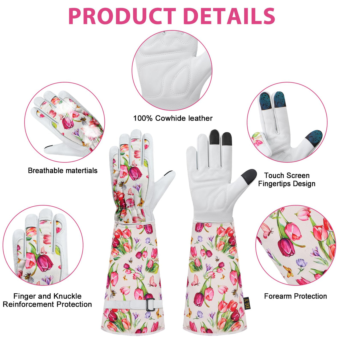 DLY Rose Gloves cowhide leather palms deliver strong grip and durability