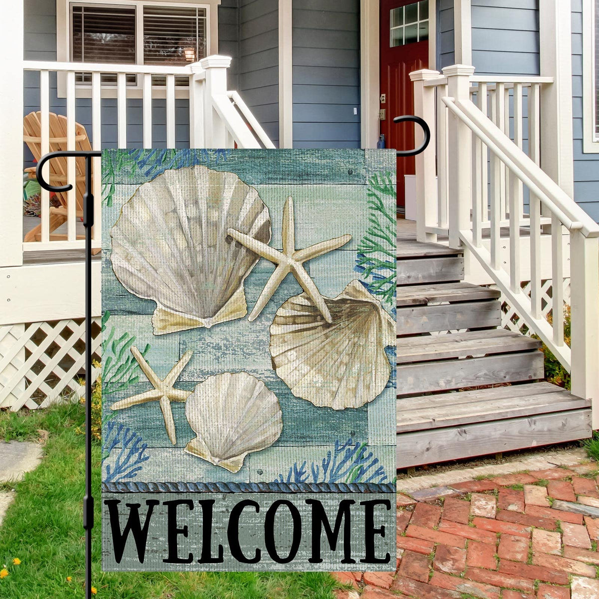 Dlzdn Coastal welcome burlap texture flag adds rustic flair to patio or garden.