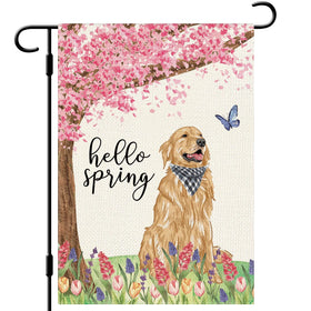 Dlzdn Hello Spring dog flag displays a cheerful motif to enhance curb appeal outdoors.