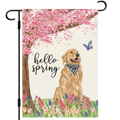 Dlzdn Hello Spring dog flag displays a cheerful motif to enhance curb appeal outdoors.