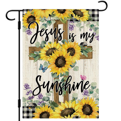 Dlzdn Jesus Is My Sunshine garden flag front view, adds cheerful seasonal charm to outdoor spaces